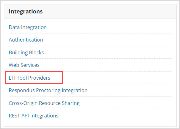 On the Administrator Panel in Blackboard, under Integrations heading the LTI Tool Providers link is highlighted.
